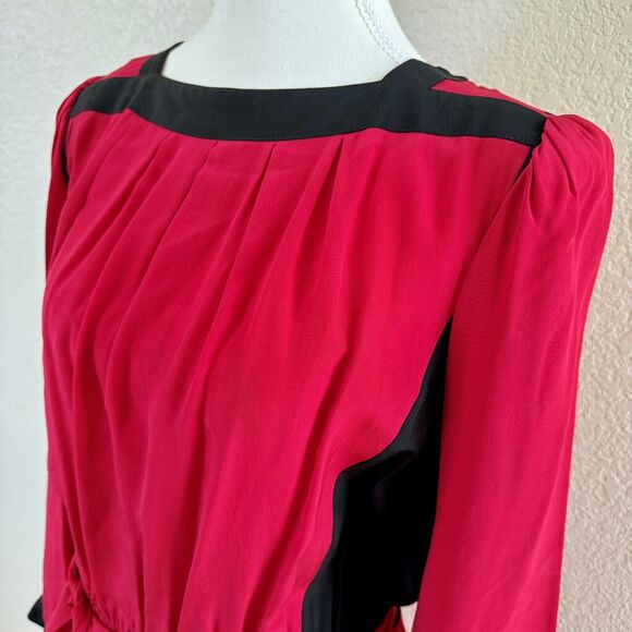 Vintage Horchow Sz 12 Dress 100% Silk Red With Black Accents Drop Waist Sh Pads - Picture 4 of 16